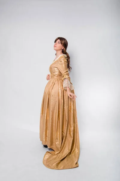 Full Length Portrait Woman Gold Dress Style Rococo Era Standing — Stock Photo, Image