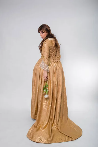 Full Length Portrait Woman Gold Dress Style Rococo Era Standing — стоковое фото