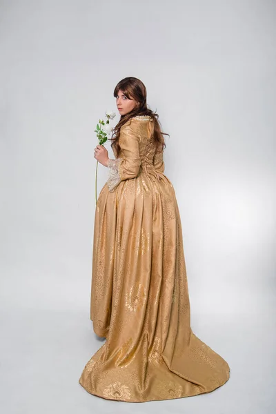 Full Length Portrait Woman Gold Dress Style Rococo Era Standing — Foto de Stock