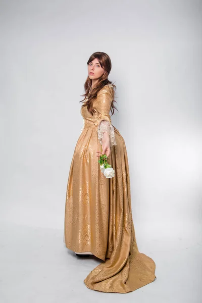 Full Length Portrait Woman Gold Dress Style Rococo Era Standing — Fotografia de Stock