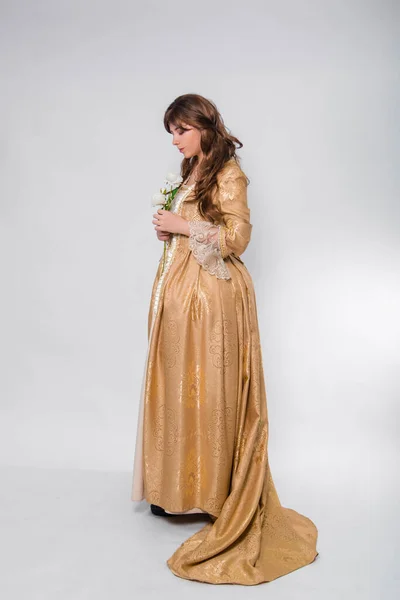 Full Length Portrait Woman Gold Dress Style Rococo Era Standing — Foto de Stock