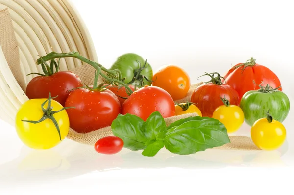 Diferentes tipos de tomates de cores diferentes com cesta e Imagem De Stock