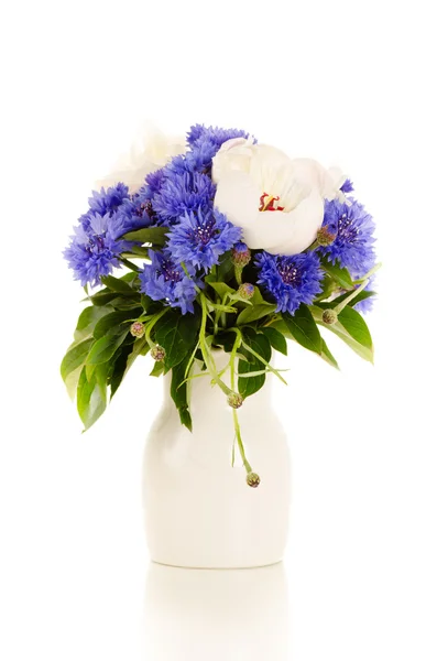 Een boeket van witte en blauwe bloemen — Stockfoto