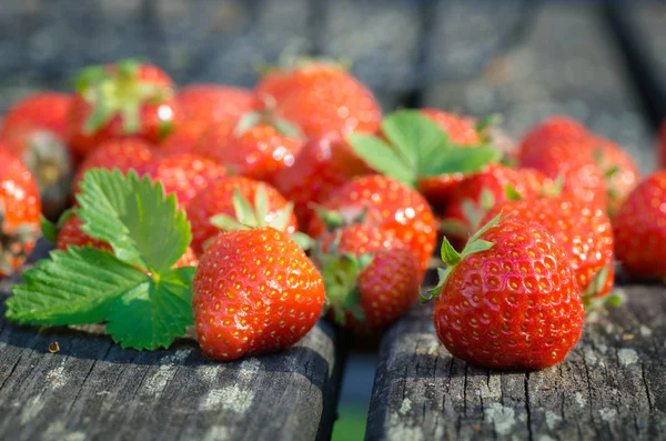 Strawberries on old garden wooden table — Stock Photo, Image