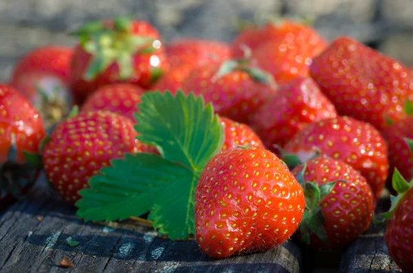 Aardbeien op oude houten tuinmeubelen — Stockfoto