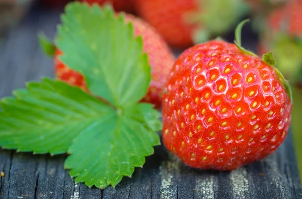 Strawberries on old garden wooden table — Stock Photo, Image