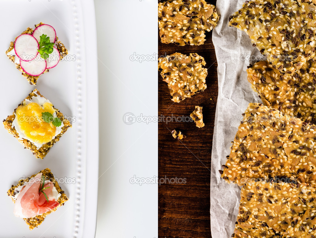 Homemade crisp bread with seeds and appetizers