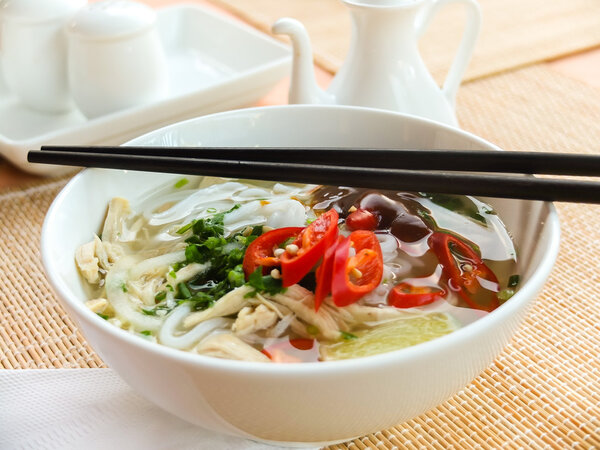 Asian chicken rice noodle soup
