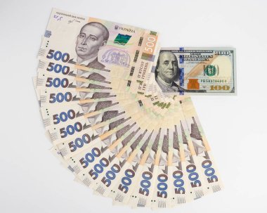 500 Hryvnia banknotları beyaz arka planda yatar. 100 dolarlık banknot kısmen görülebilir. Yukarıdan görüntüle