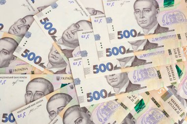 500 Hryvnia banknotu çerçevenin her yerine rastgele yerleştiriliyor. Yukarıdan görüntüle
