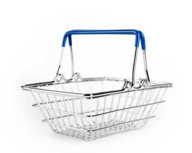 Boş alışveriş sepeti beyaz arka planda izole edilmiş. Perakende mağazası malzemeleri. Pazarlama ve tüketici malları satın alma kavramı