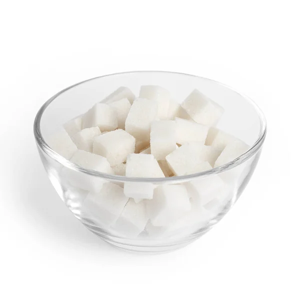 Sugar Cubes Glass Bowl Isolated White Background — Stock Photo, Image