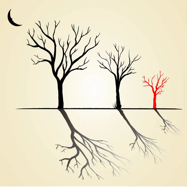 Silhouette nera e rossa di un albero senza foglie — Vettoriale Stock