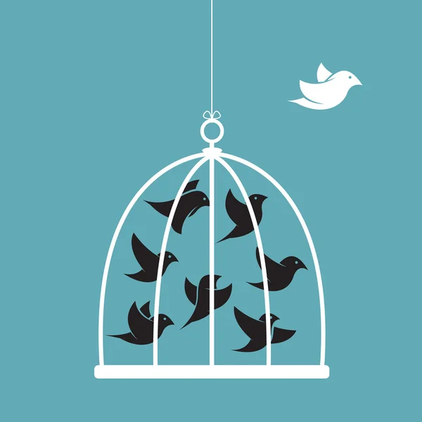 Imagen vectorial de un pájaro en la jaula y fuera de ella . — Vector de stock