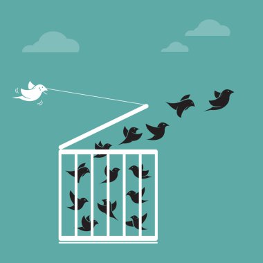 Vector image of a bird in the cage and outside the cage. Freedom clipart