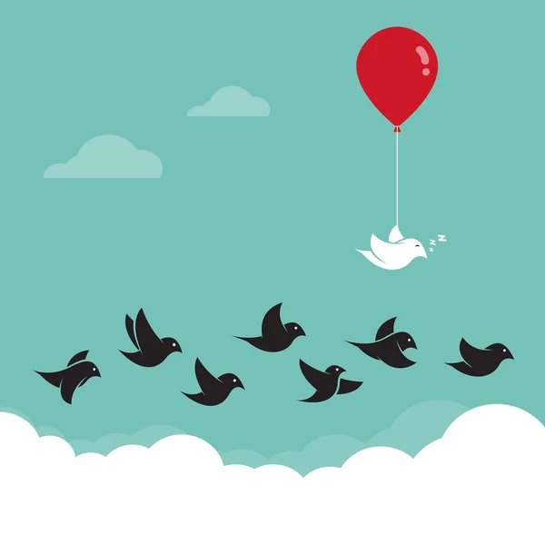 Aves volando en el cielo y globos rojos. Concepto creativo — Vector de stock