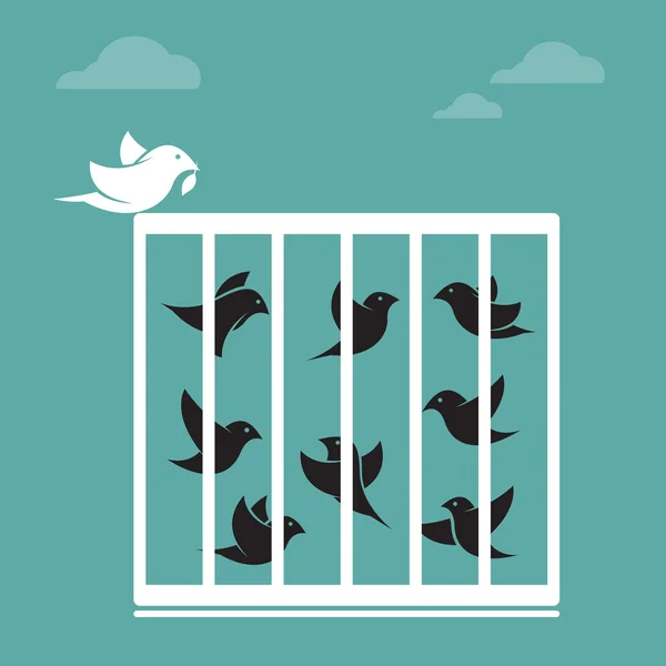 Imagen vectorial de un pájaro en la jaula y fuera de ella. Libertad — Vector de stock