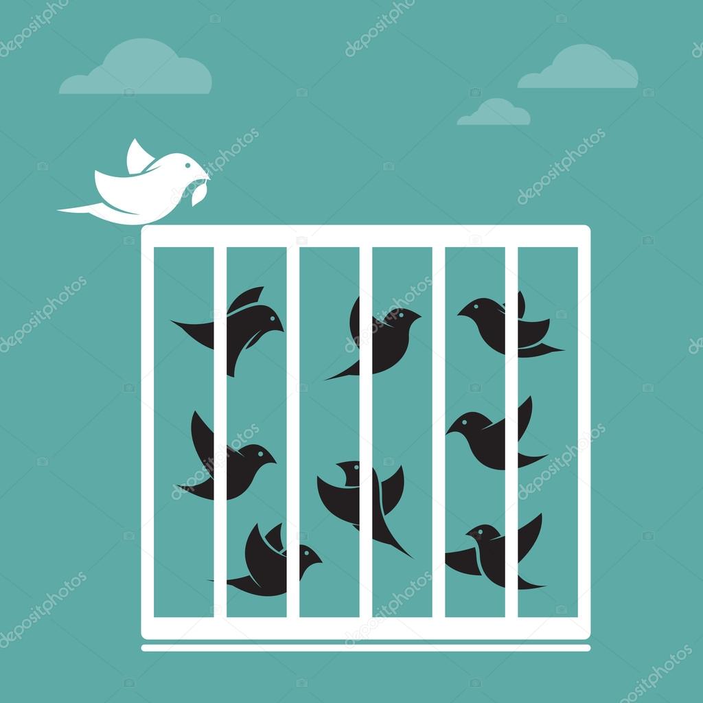 Vector image of a bird in the cage and outside the cage. Freedom