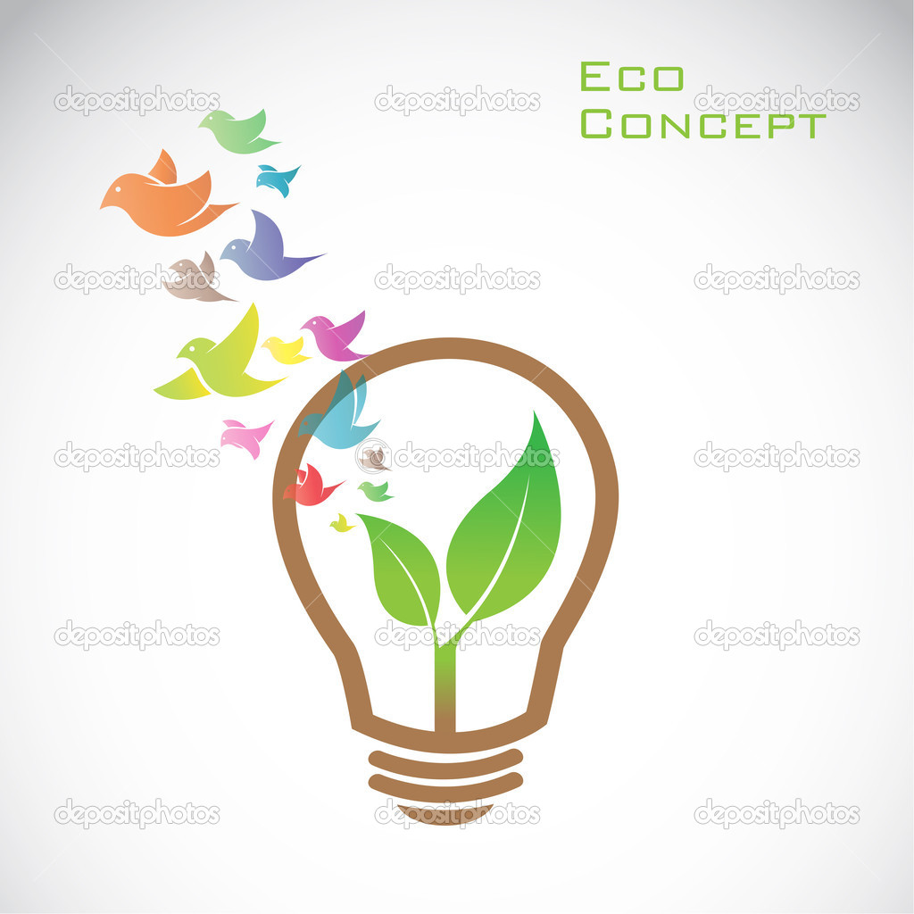 Vector bulb and birds and leaves. eco concept