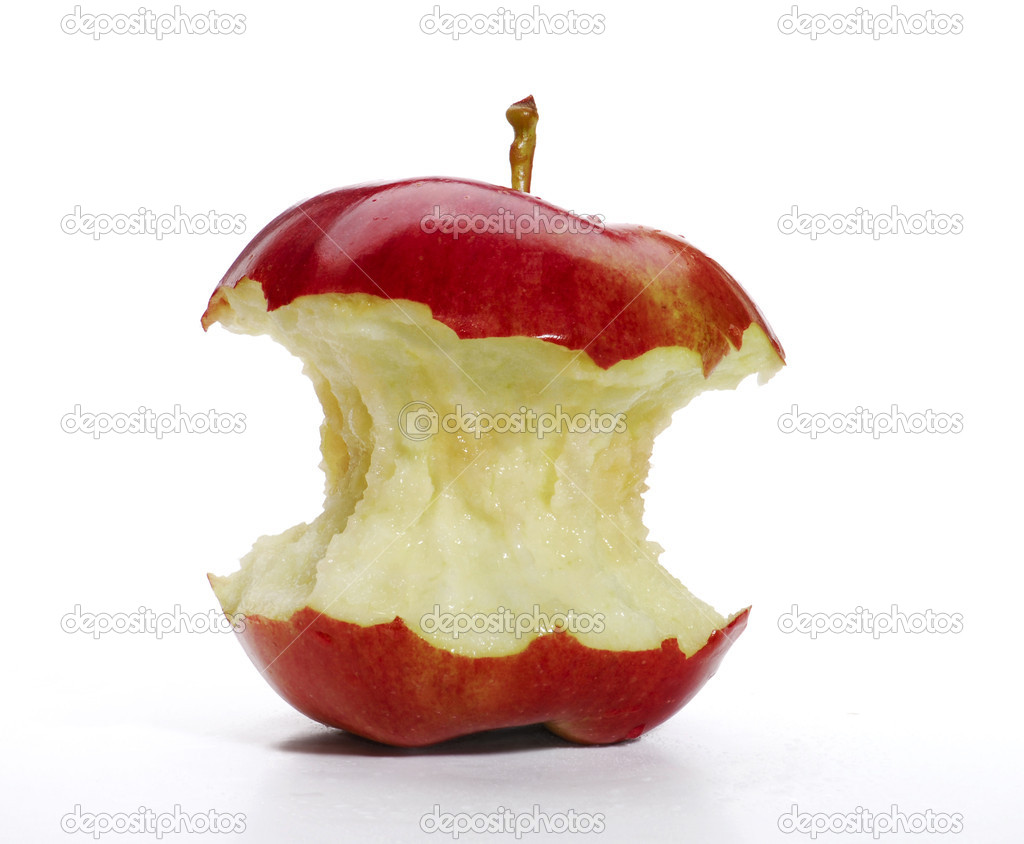 Red apple with bite isolated on white background.