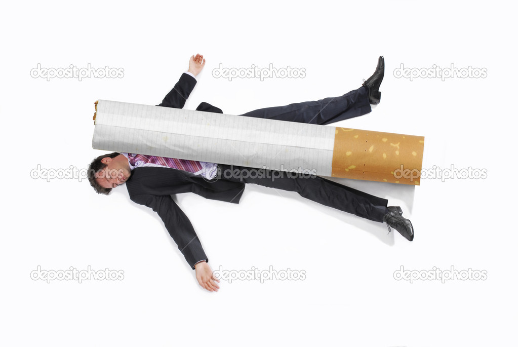 Business man squashed by a cigarette on white background.