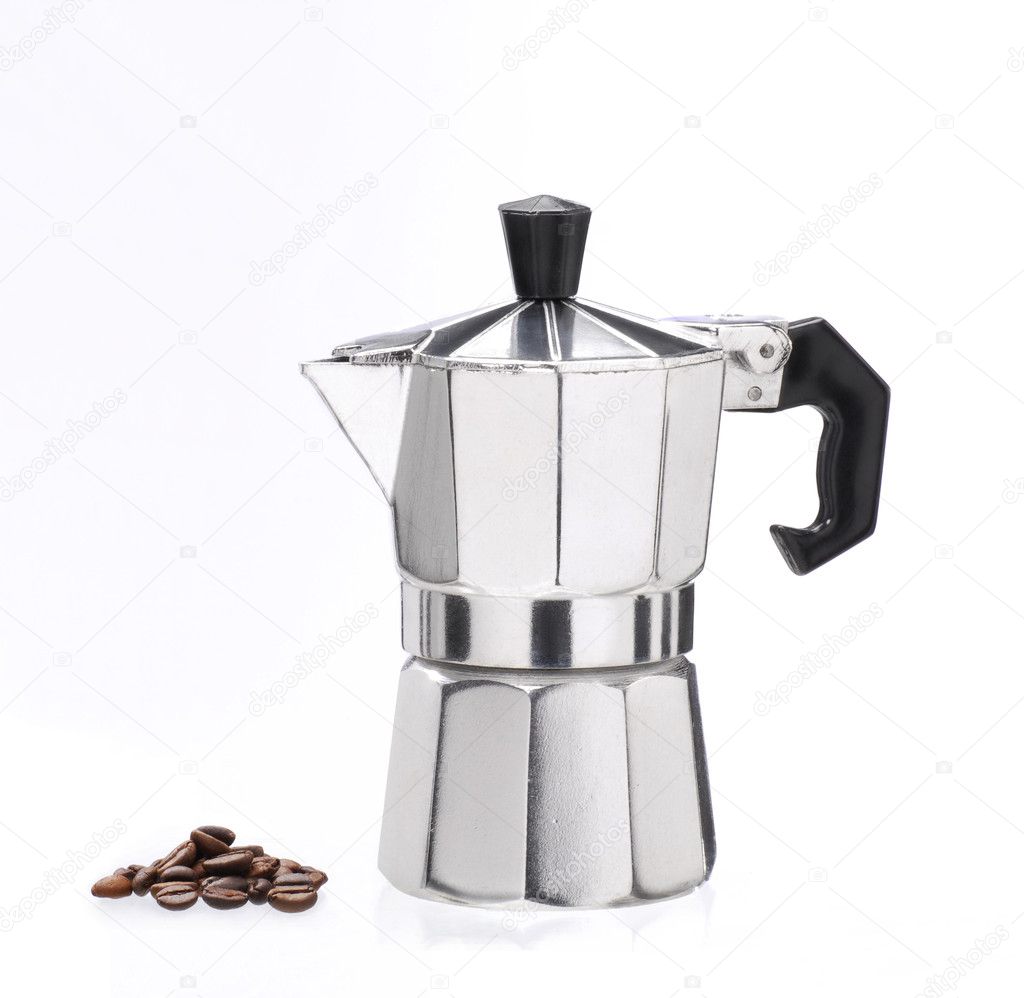 Classic coffee maker over coffee beans on white background Stock Photo by  ©Gustavo_Andrade 13767117