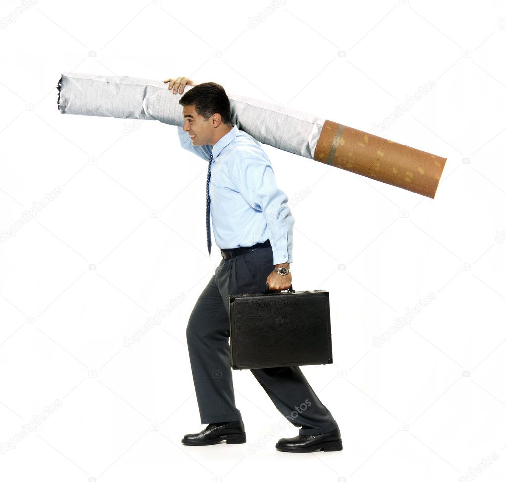 Business carrying the weight of a cigarette on white background.