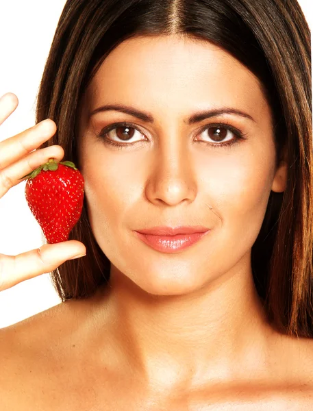 Young woman eating fresh strawberries — Stock Photo, Image