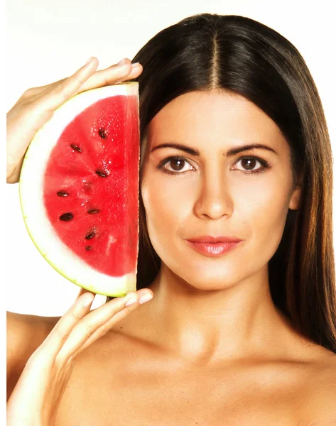 Young woman holding a fresh water melon — Stock Photo, Image