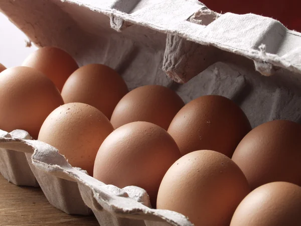 Muchos huevos marrones frescos. Detalle del cartón de huevo —  Fotos de Stock