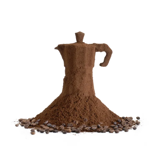 Pembuat kopi di atas debu kopi dan biji-bijian — Stok Foto