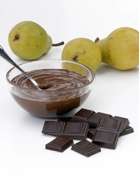 Chocolate cream bowl,pears and chocolate sticks — Stock Photo, Image