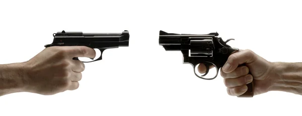 白い背景の上の 2 つの銃を指す — ストック写真