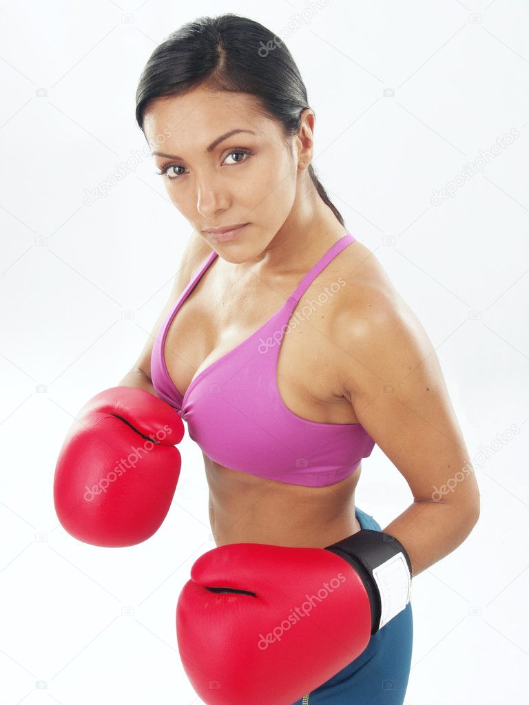Boxing gloves woman portrait on white background.
