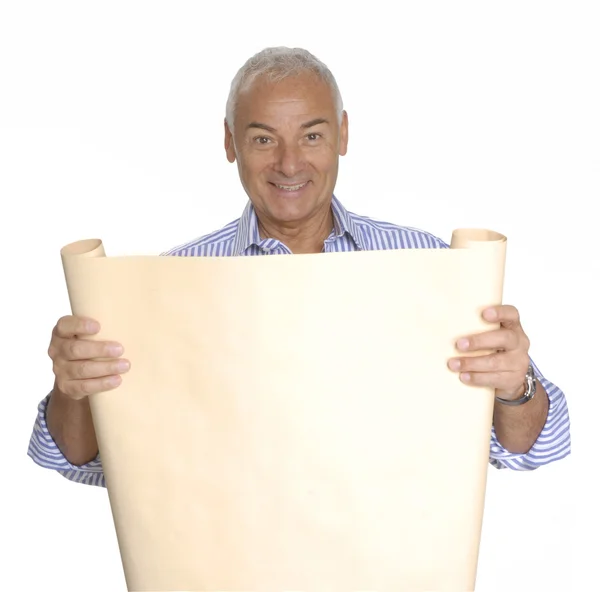 Portrait of a senior architect holding a blueprint on white background. — Stock Photo, Image