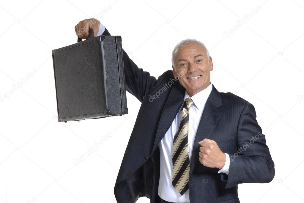 Happy senior businessman holding a suitcase on white background.