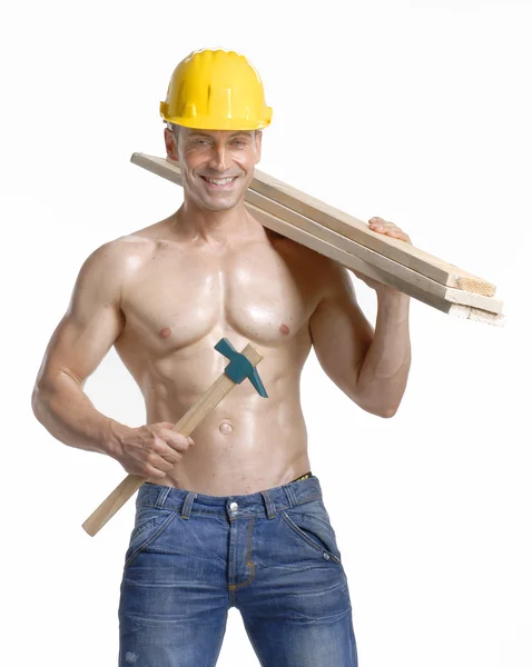 Worker holding a hood boards on white background. — Stock Photo, Image