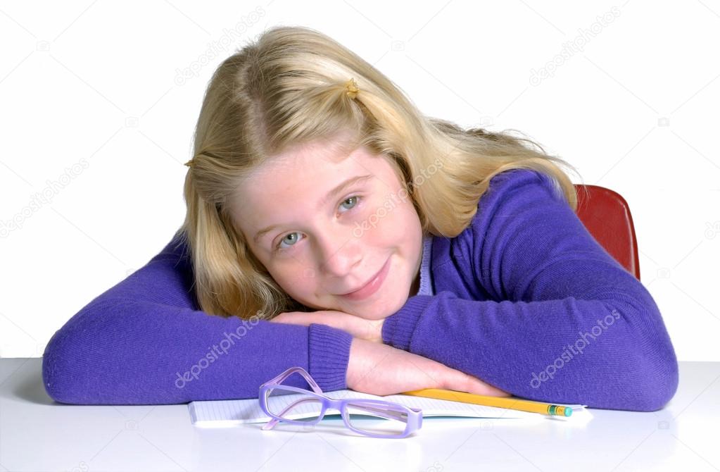 Schoolgirl portrait on white background.