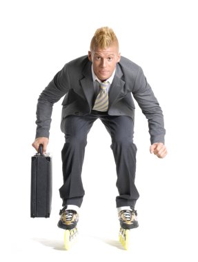 Young businessman skating on white background. clipart
