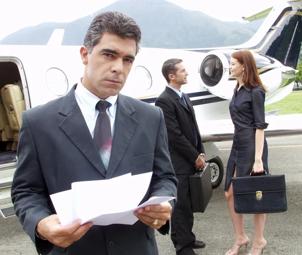 Business working at private jet. — Stock Photo, Image