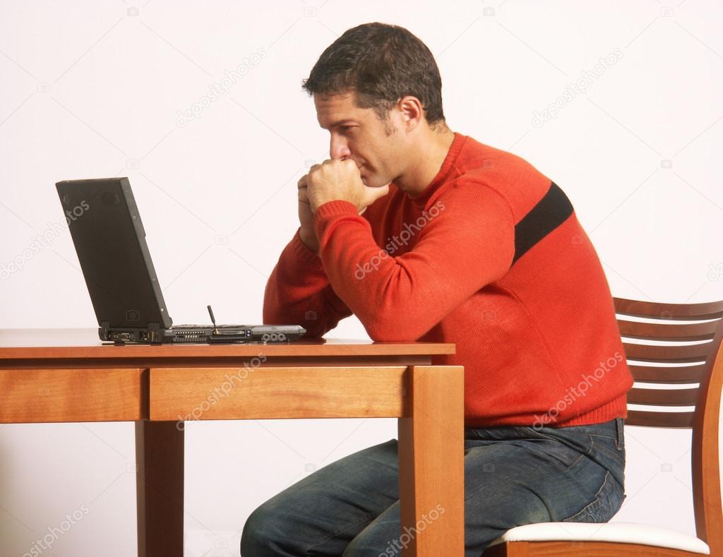 Thoughtful man in a computer.