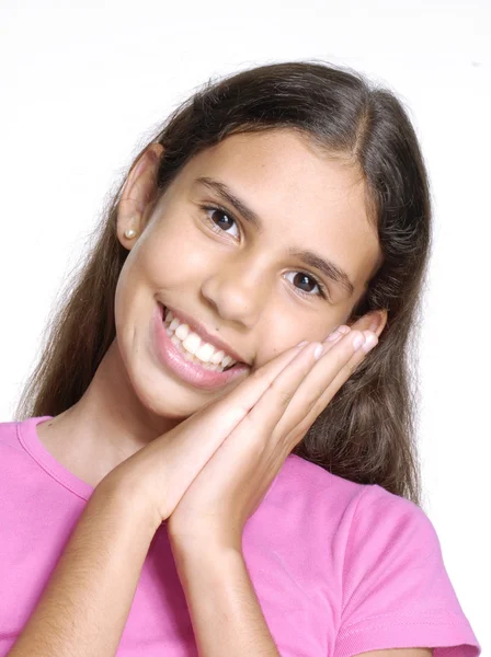 Menina retrato sorrindo e gesticulando . — Fotografia de Stock