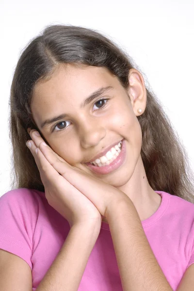 Menina retrato sorrindo e gesticulando . — Fotografia de Stock