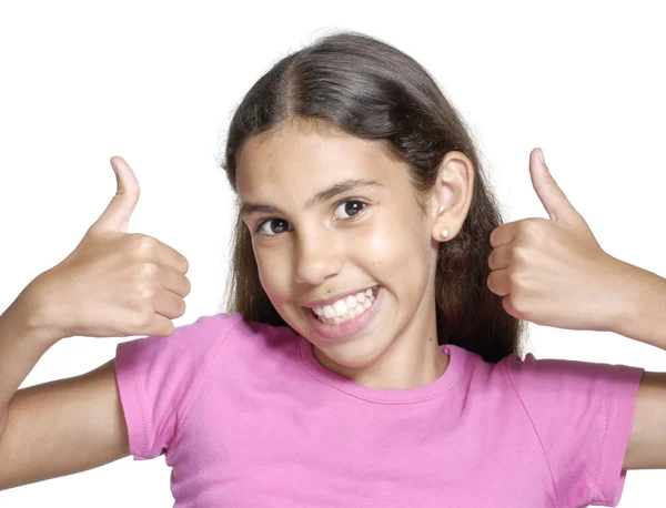 Engraçado menina retrato gesticulando com as mãos . — Fotografia de Stock