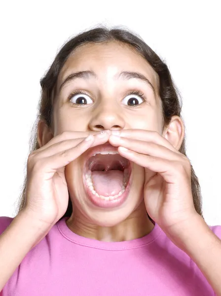 Little girl portrait screaming on white background. Little girl portrait gesturing with her hands. — Stock Photo, Image