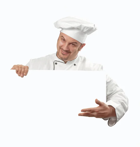 Μαγειρεύουν κρατώντας λευκή κάρτα μάγειρας εκμετάλλευση λευκό πίνακα. — Φωτογραφία Αρχείου