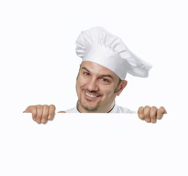 Vařit, drží bílou kartu cook hospodářství bílý panel. — Stock fotografie