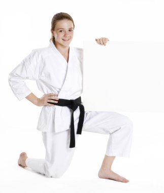 Dövüş sanatları kız beyaz panel.karate kız portre sanat bir panel.martial holding ve karate çocuk portre holding.
