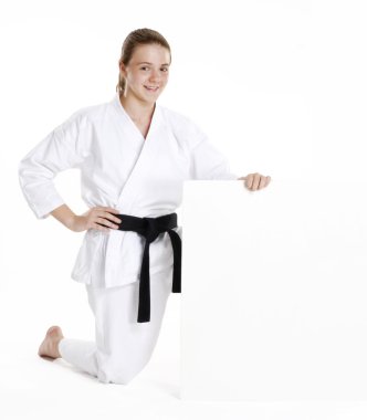 Dövüş sanatları kız beyaz panel.karate kız portre sanat bir panel.martial holding ve karate çocuk portre holding.