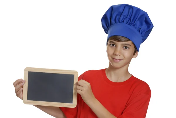 Un piccolo chef con un consiglio scolastico, un bambino con una lavagna . — Foto Stock